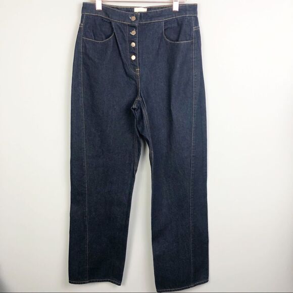 ZARA | NEW High Rise Button Fly Jeans Dark Wash Straight Leg Twisted Seam Size 6 - Picture 1 of 10